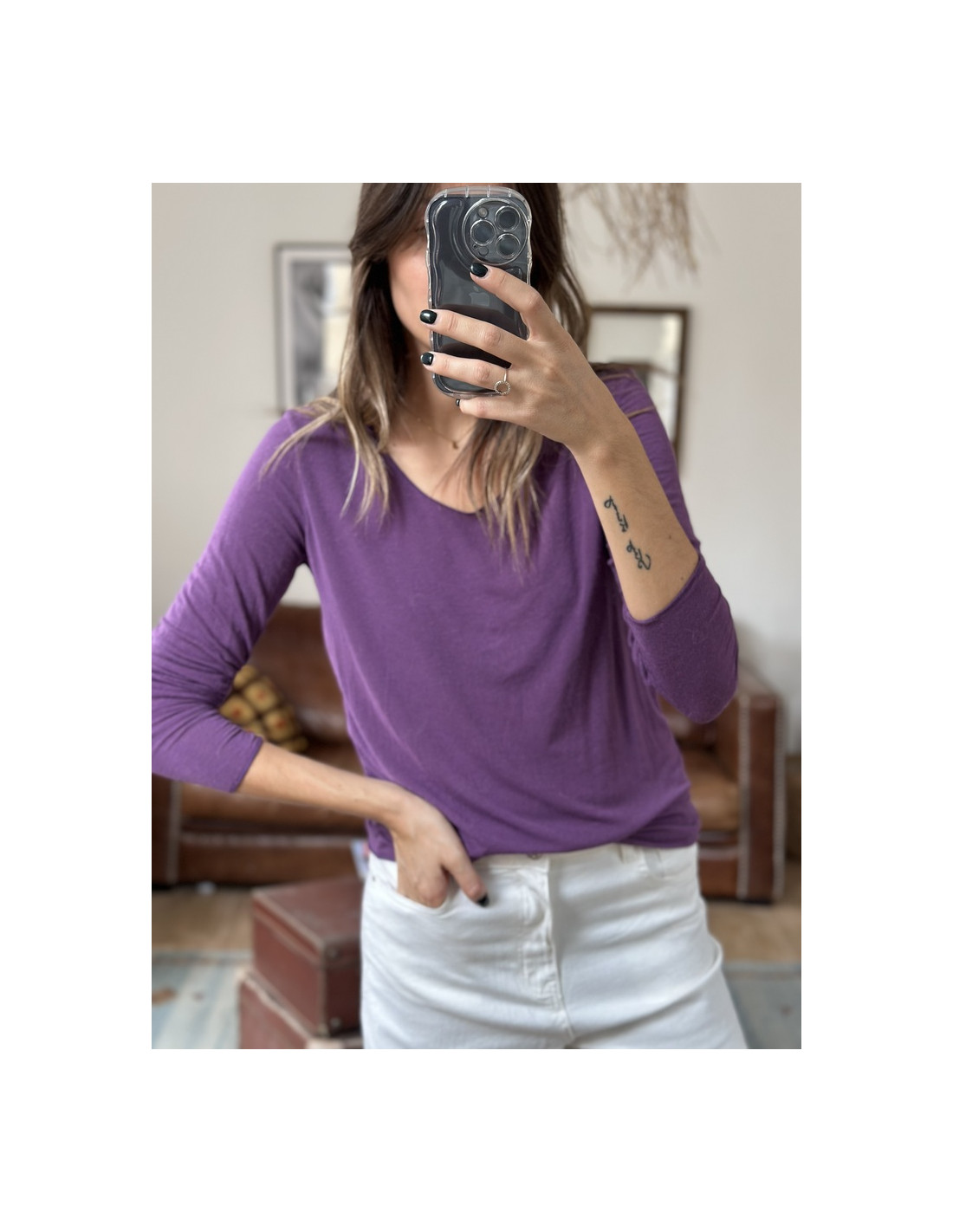 T-shirt manches longues prune femme