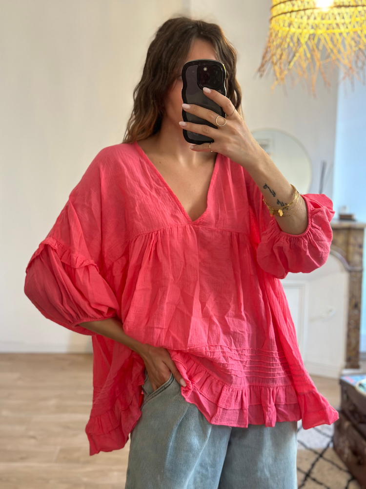 Blouse fluide rose femme. Blouse col v manches 3/4. Blouse bellavie rose. Mademoiselle Louise.