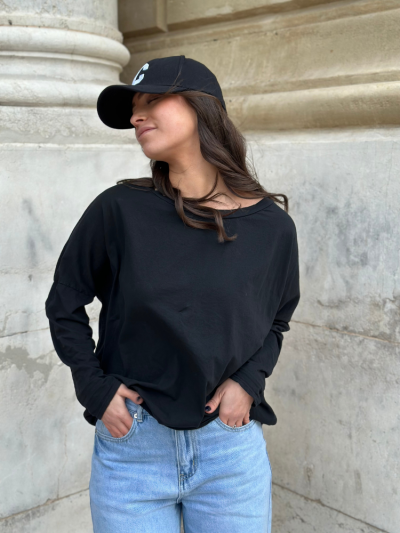 T-shirt loose 100% coton manches longues noir. Boutique Mademoiselle Louise.